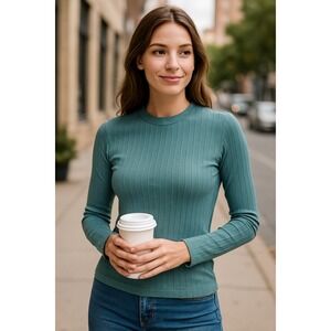 A NEW DAY  Teal Ribbed‎ Long Sleeve T-Shirt Size XS NWT